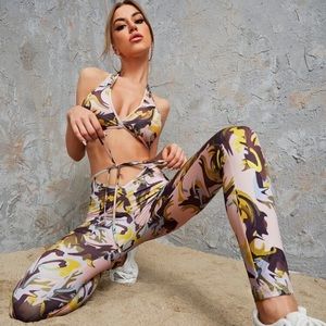 CrissCross Tie Back Halter Top and Leggings Set
